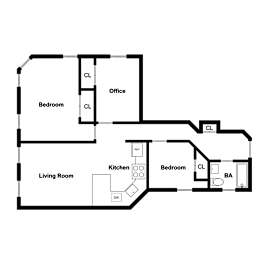 A floor plan of a house with a living room, kitchen, two bedrooms, and an office.