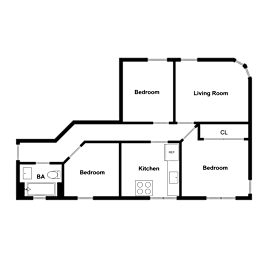 A floor plan of a house with a living room, kitchen, and bedrooms.