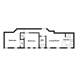 A floor plan of a house with two bedrooms, a living room, and a kitchen.