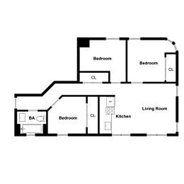 A floor plan of a house with three bedrooms, a living room, a kitchen, and a bathroom.