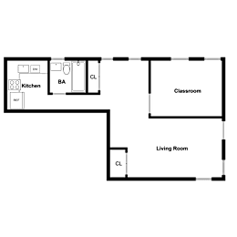 A floor plan of a living space showing a kitchen, classroom, and living room.