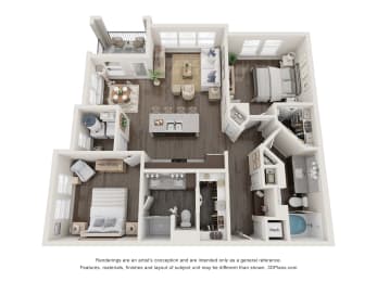 a 1 bedroom floorplan is shown in this rendering