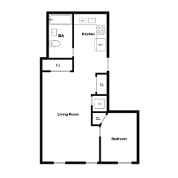 A floor plan of a room with a kitchen, living room, and bedroom.