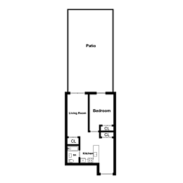 A floor plan of a house with a living room, bedroom, kitchen, and a patio.