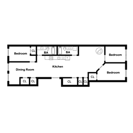 A floor plan of a house with a kitchen, dining room, and three bedrooms.