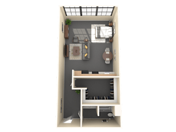 A small apartment with a kitchen, living room, and a bedroom.