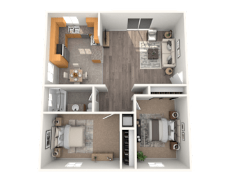 A top-down view of a two-bedroom apartment with a living room, kitchen, and bathrooms.