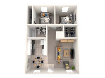 A 3D floor plan of a small apartment with a kitchen, living room, and bathroom.