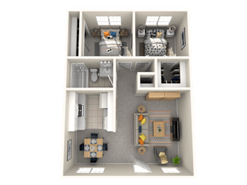A 3D floor plan of a small apartment with a kitchen, living room, and bathroom.