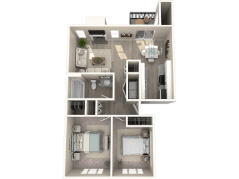 a 3d rendered floor plan of a two bedroom apartment