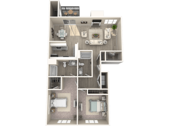 a 3d floor plan of a two bedroom apartment
