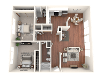 A 3D rendered image of a modern apartment layout.