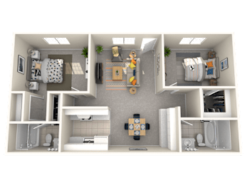 A 3D floor plan of a small apartment with two bedrooms, a living room, and a kitchen.