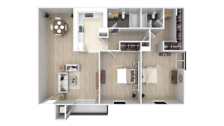 a bedroom with a bathroom and a living room
