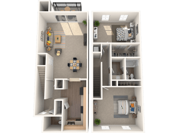 Pet Friendly Apartments in Tampa Florida – The Commons – 3D floorplan of 2 bed 1.5 bath floorplan