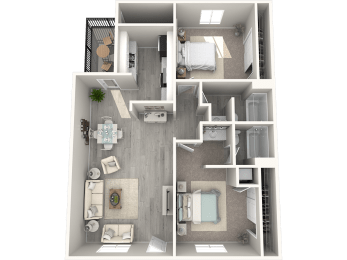 a stylized floor plan of a 1 bedroom apartment