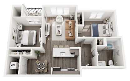 A top-down view of a small apartment layout with a kitchen, living room, and bedroom.