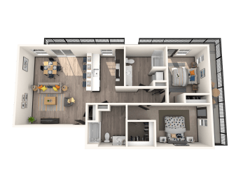 a 3d rendered floor plan of a 1 bedroom apartment