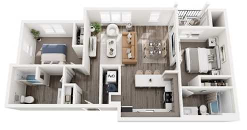 A 3D floor plan of a small apartment with two bedrooms, a living room, and a kitchen.