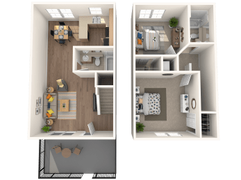 a rendering of a floor plan with a bedroom and a living room