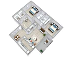 A top-down view of a house with two bedrooms, a living room, a kitchen, and a dining area.