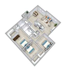 A top down view of a house with a kitchen, living room, dining room, and two bedrooms.