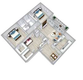 A 3D floor plan of a house with two bedrooms, a living room, a kitchen, and a bathroom.