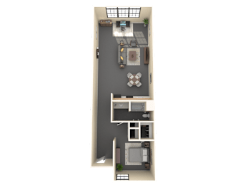 A top-down view of a small apartment layout with a kitchen, living room, and bathroom.