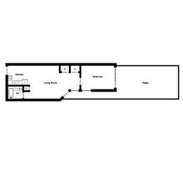 A floor plan of a house with a kitchen, living room, bedroom, and patio.