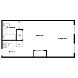 A floor plan of a house with a kitchen, living room, bedroom, and bathroom.