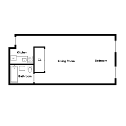 A floor plan of a small apartment with a kitchen, bathroom, living room, and bedroom.