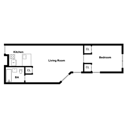 A floor plan of a house with a kitchen, living room, and bedroom.
