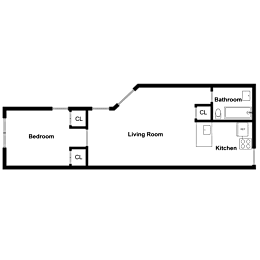 A floor plan of a living space with a bedroom, living room, kitchen, and bathroom.