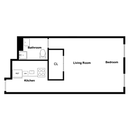 A floor plan of a small apartment with a kitchen, living room, and bedroom.