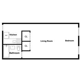 A floor plan of a living space showing a kitchen, bathroom, and bedroom.