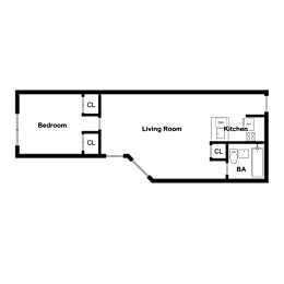 A floor plan of a living space with a bedroom, living room, and kitchen.
