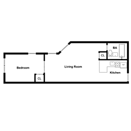 A floor plan of a living space with a bedroom, living room, and kitchen.