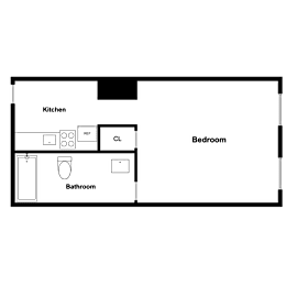 A floor plan of a small apartment with a kitchen, bathroom, and bedroom.