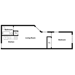 A floor plan of a house with a kitchen, living room, bedroom and bathroom.