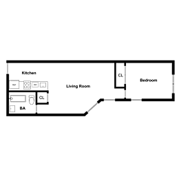 A floor plan of a small apartment with a kitchen, living room, and bedroom.