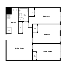 A floor plan of a house with a living room, dining room, kitchen, and three bedrooms.