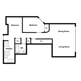 A floor plan of a living space showing a kitchen, two bedrooms, a dining room, and a living room.