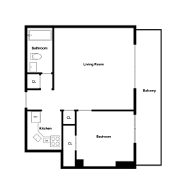 A floor plan of a house with a living room, kitchen, bedroom, bathroom, and balcony.