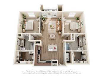 B1 two-bedroom floorplan at 33hundred Apartments in Austin TX 78728 featuring split-bedroom layout, open living room, modern kitchen, and two full bathrooms