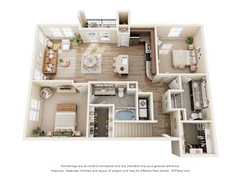 B2 upgraded two-bedroom floorplan at 33hundred Apartments Austin TX—open-concept layout with modern kitchen, spacious bedrooms, and two bathrooms.