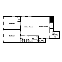 A floor plan of a house with two bedrooms, a living room, a dining room, and a kitchen.