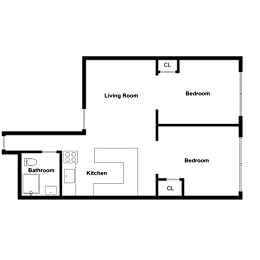 A floor plan of a house with a living room, kitchen, two bedrooms, and a bathroom.