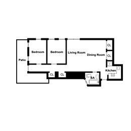 A floor plan of a house with a kitchen, two bedrooms, a living room, a dining room, and a patio.
