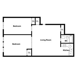 A floor plan of a house with two bedrooms, a living room, and a kitchen.
