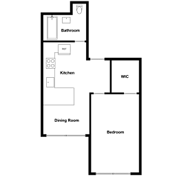 A floor plan of a room with a kitchen, dining room, bathroom, and bedroom.